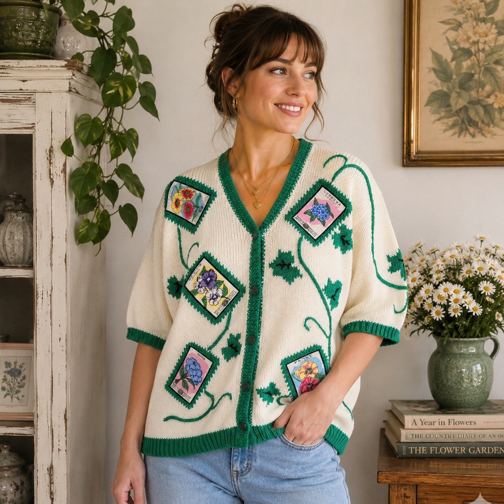 Vintage Sharon‎ Young Seed Packet Floral Cardigan Sweater Cottagecore Women's S